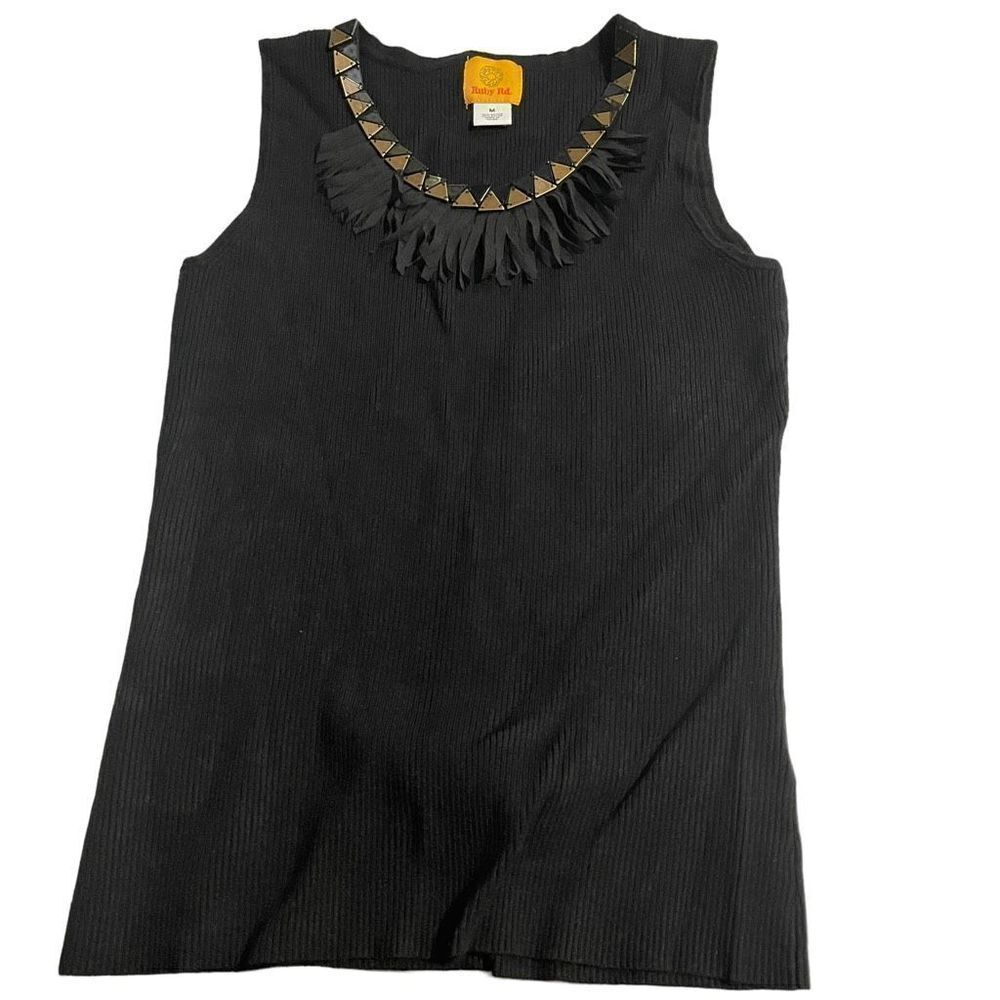Ruby Rd. Black Ribbed Tank Top with‎ Beaded & Fringe Neckline - Size M
